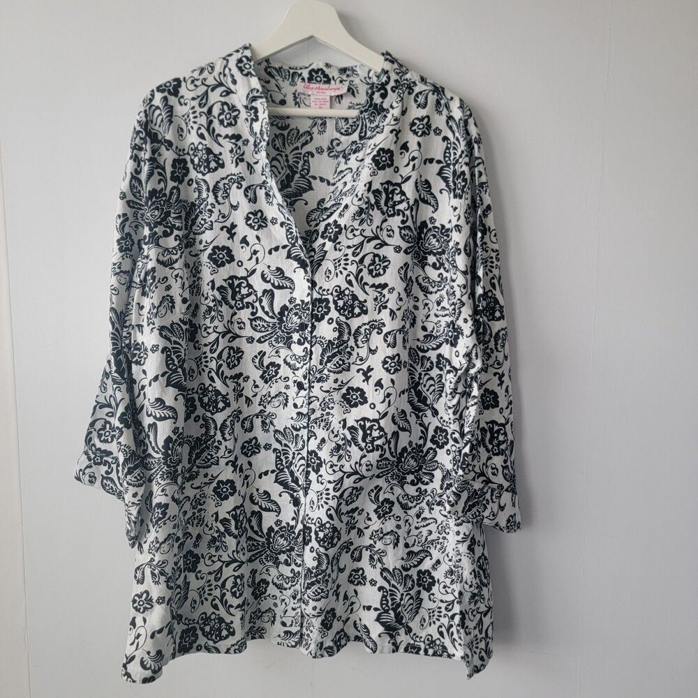 Lily stanhope women's 100% linen shirt size 3x button front 3/4 sleeve‎